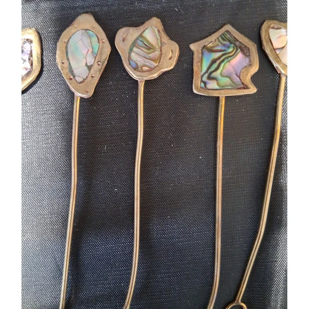 22 Vintage Mexican Alpaca Silver Cocktail Forks/Picks with Abalone Inlay